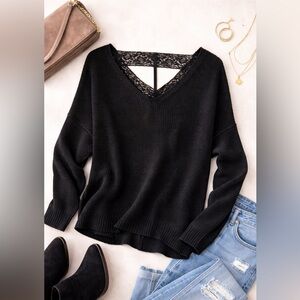 NWT Proof Apparel Black Lace Back Sweater Size Large V Neck Lightweight